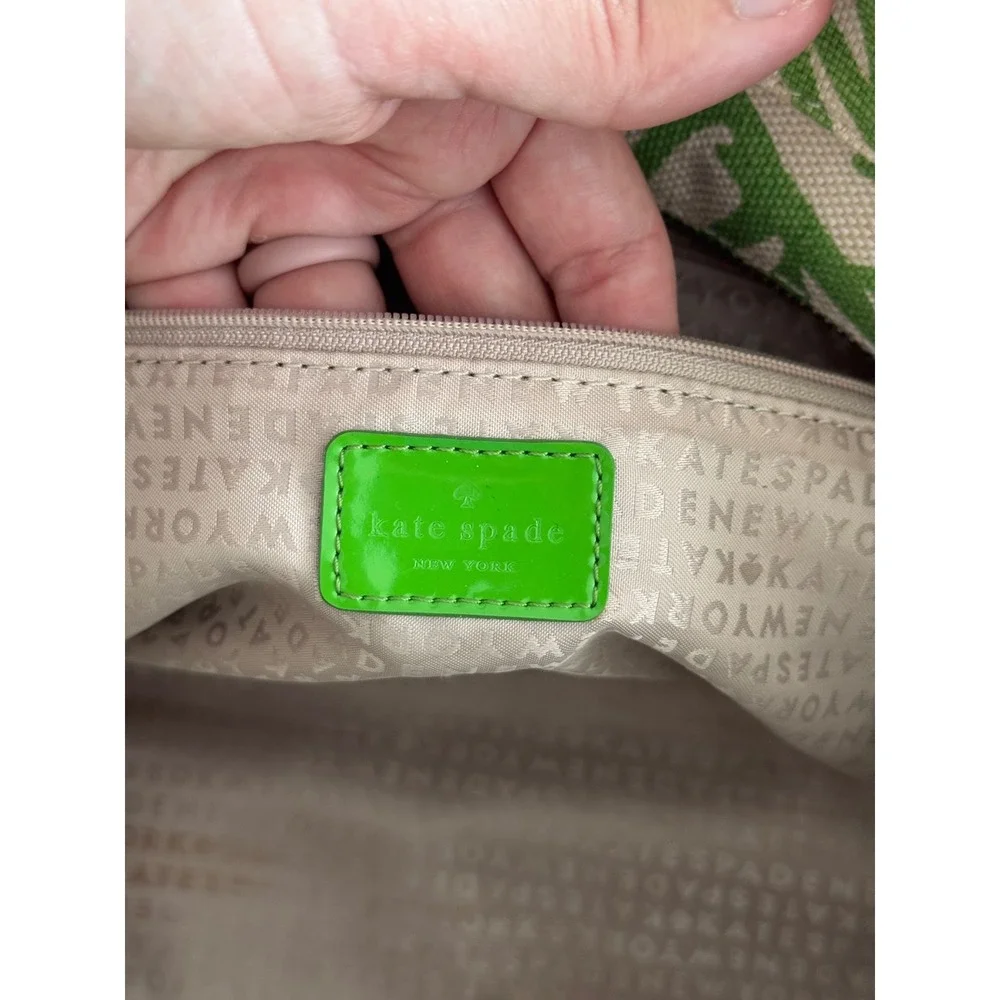 Kate Spade Green Tropical Leaf Print Canvas Tote Bag Patent Leather Trim